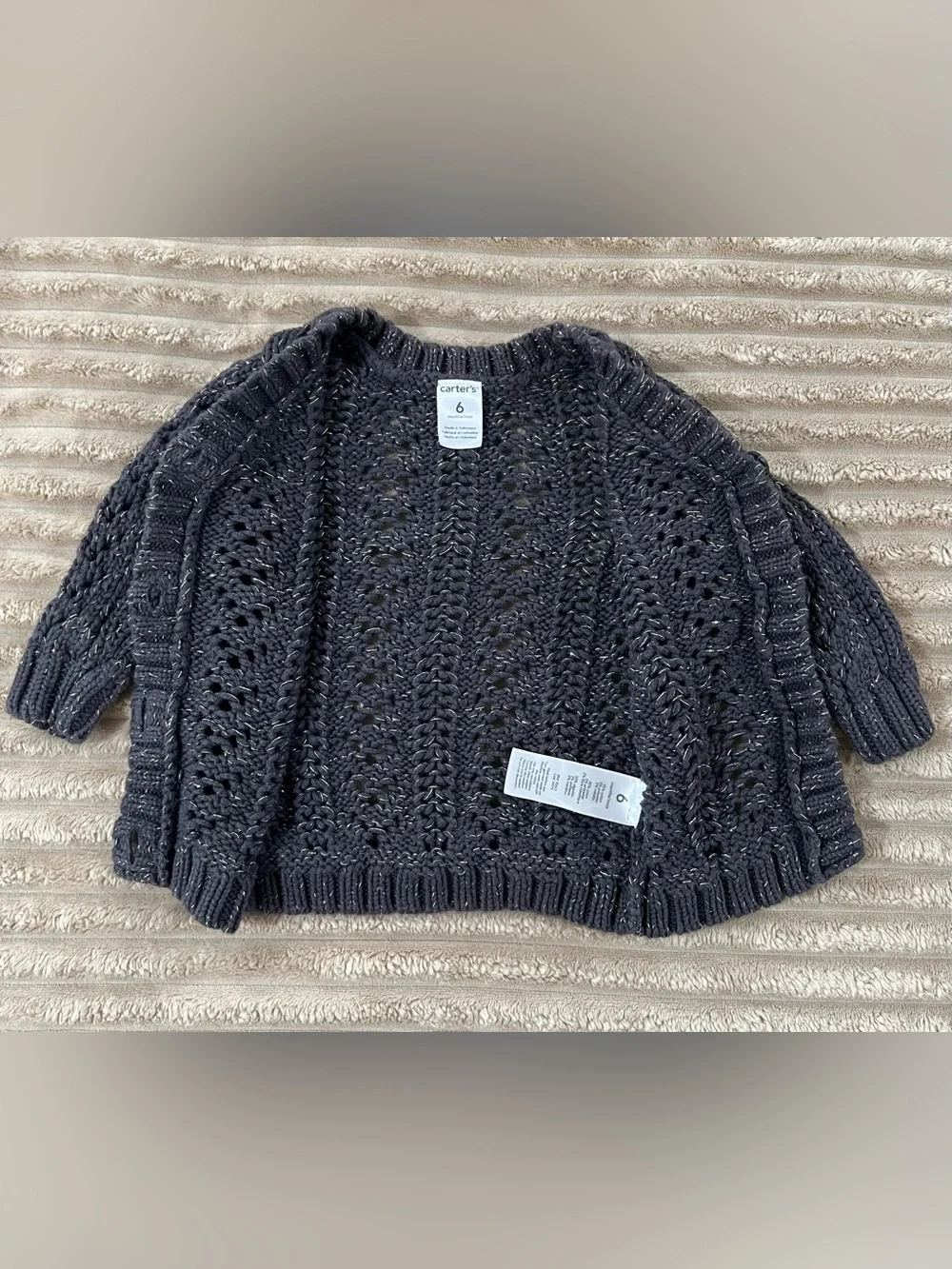 Carter’s Baby Girl Metallic Cable Knit Cardigan Sweater - Charcoal Gray - 6M